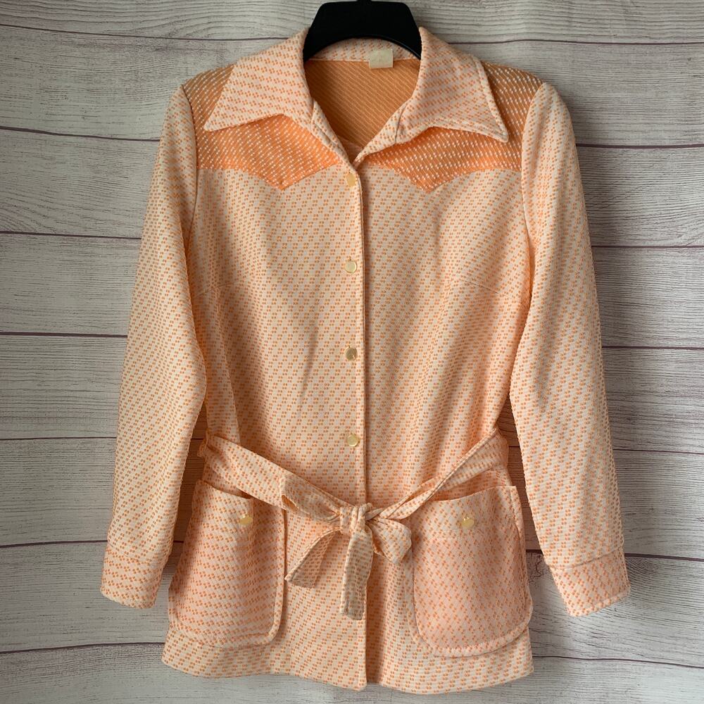 Vintage Peach Button Up Shirt with Tie Belt Textured Pattern Western Yoke 70s